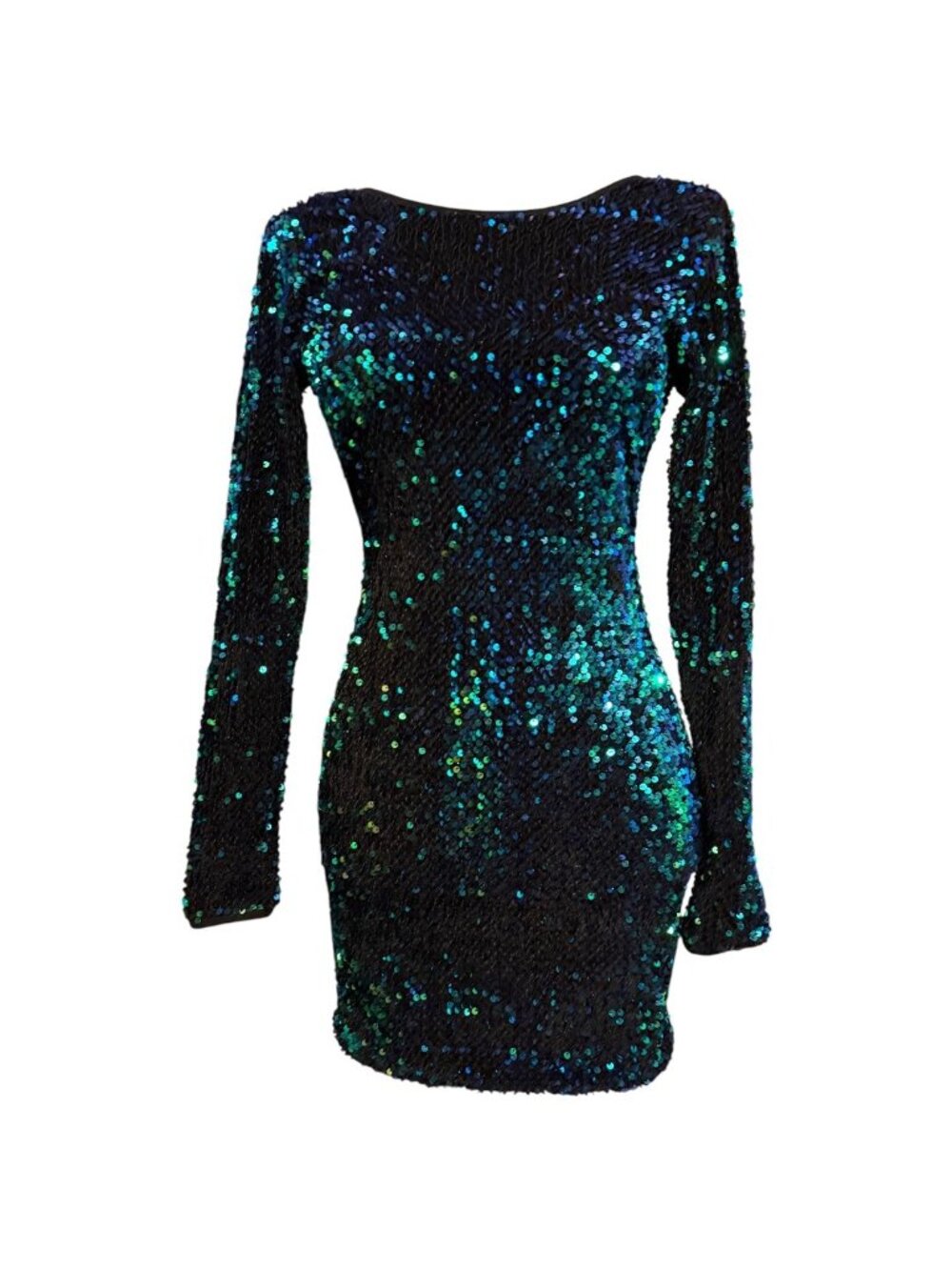 Privy Sequin Long Sleeve Mini Dress With Deep V-Back Small Sparkle Turquiose